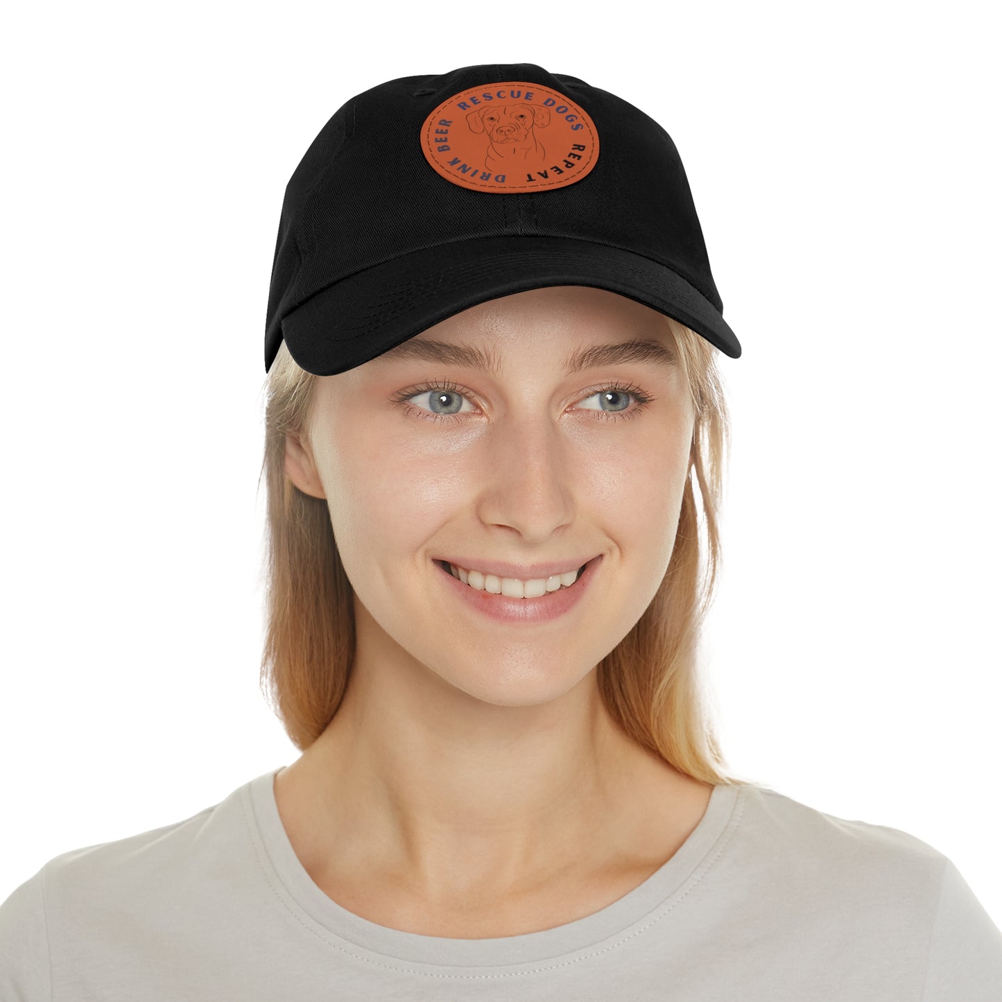 Winston Drink Beer. Rescue Dogs. Repeat. Dad Hat with Leather Patch (Round)