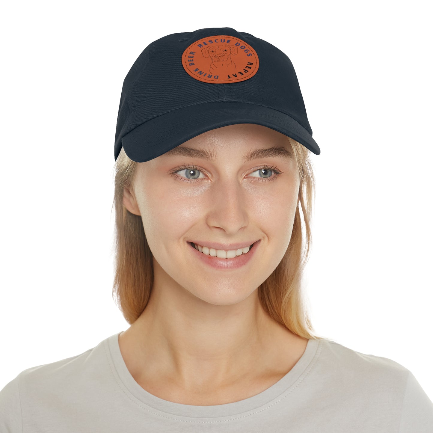 Winston Drink Beer. Rescue Dogs. Repeat. Dad Hat with Leather Patch (Round)